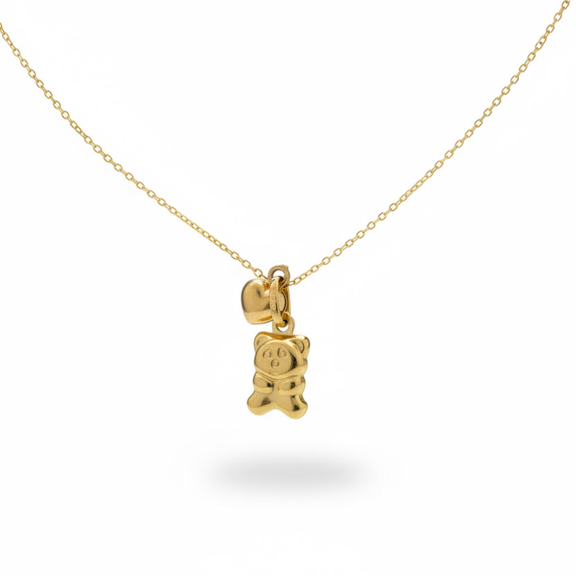 Yellow Gold Teddy Bear Gold Pendant Necklace with Heart Charm 18k