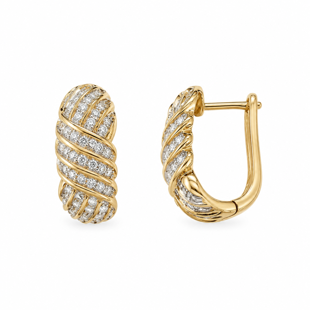 14K Yellow Gold Pavé Rope Diamond Huggie Earrings 0.96ct