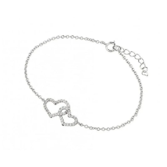 Silver 925 Rhodium-Plated Clear CZ Open Hearts Bracelet