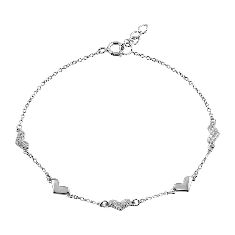 Silver 925 Rhodium Plated CZ Hearts Chain Bracelet