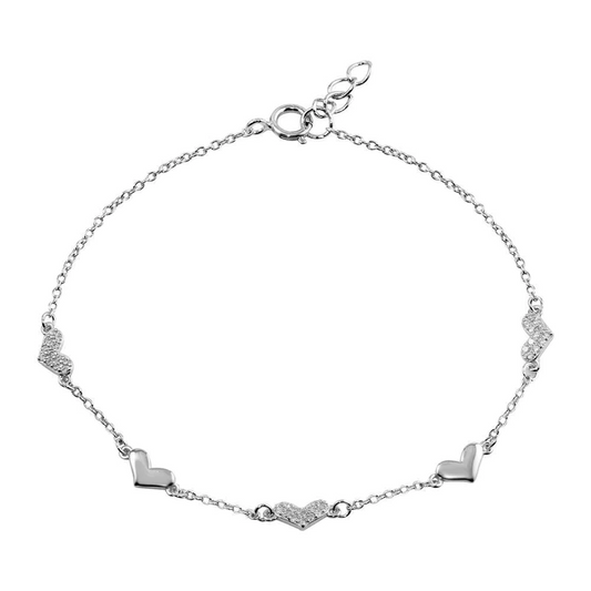 Silver 925 Rhodium-Plated CZ Hearts Chain Bracelet
