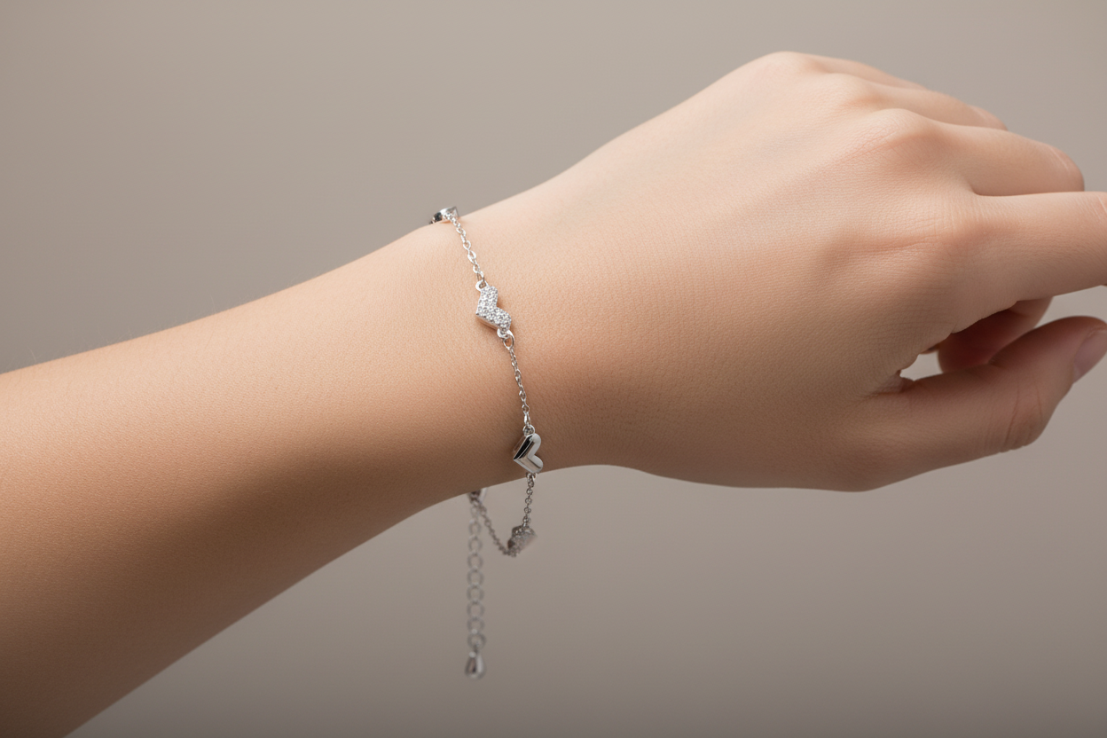Silver 925 Rhodium-Plated CZ Hearts Chain Bracelet