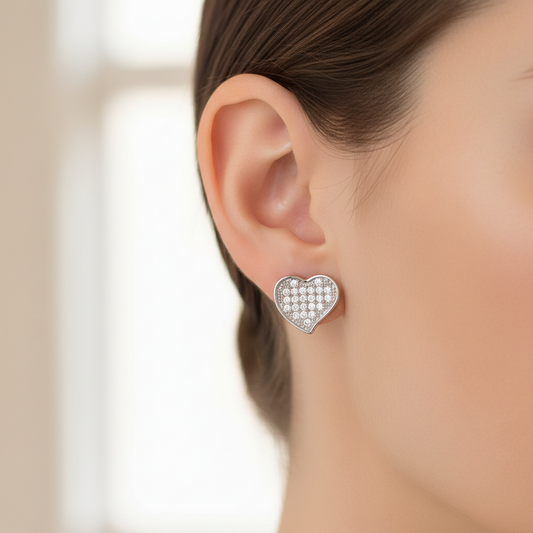 Silver 925 Rhodium-Plated Heart CZ Inlay Stud Earrings