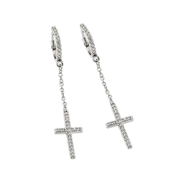 Silver Rhodium-Plated Round Cross Clear CZ Wire Dangling huggie hoop Earrings