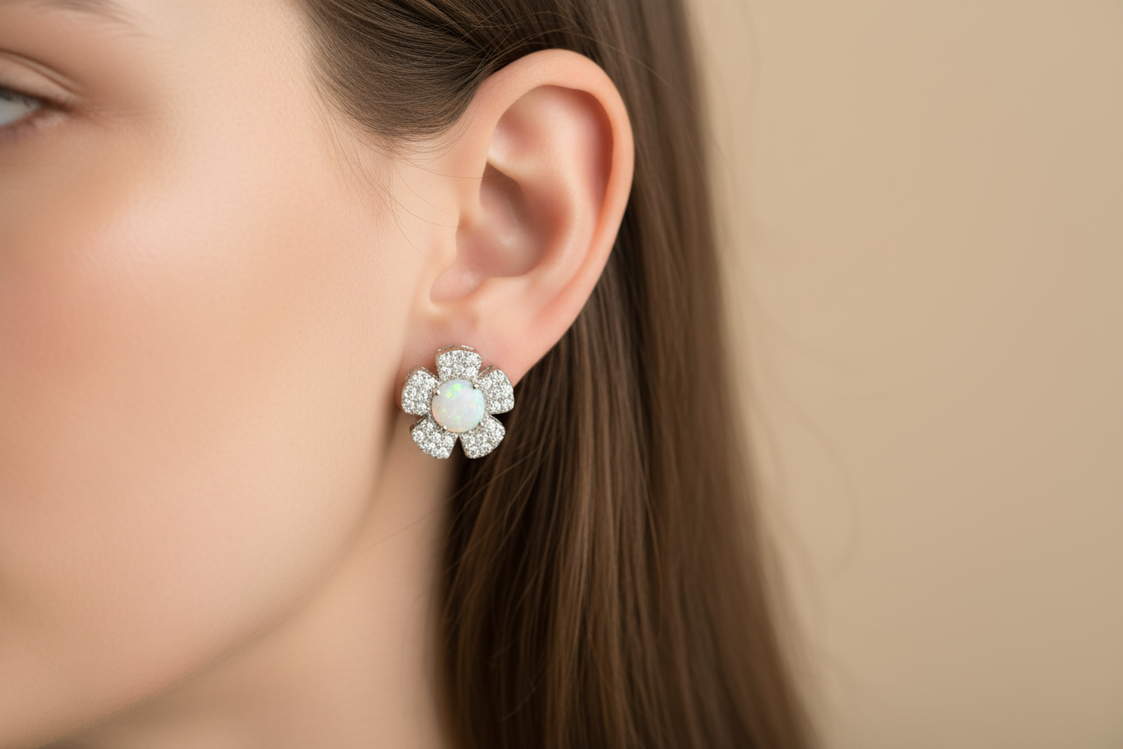Sterling Silver Rhodium-Plated Sterling Silver CZ and Synthetic Flower Stud Earrings
