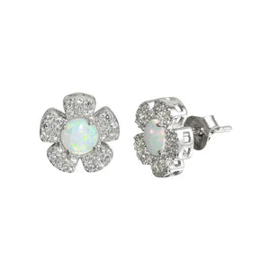 Sterling Silver Rhodium-Plated Sterling Silver CZ and Synthetic Flower Stud Earrings