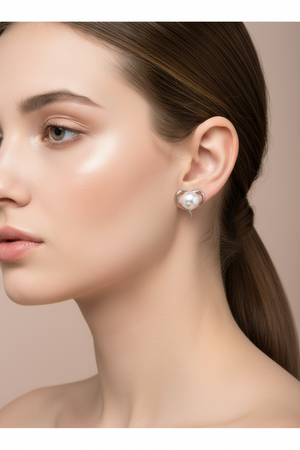 Rhodium Plated 925 Sterling Silver Heart Stud Earrings with Synthetic Pearl