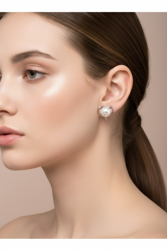 Rhodium Plated 925 Sterling Silver Heart Stud Earrings with Synthetic Pearl