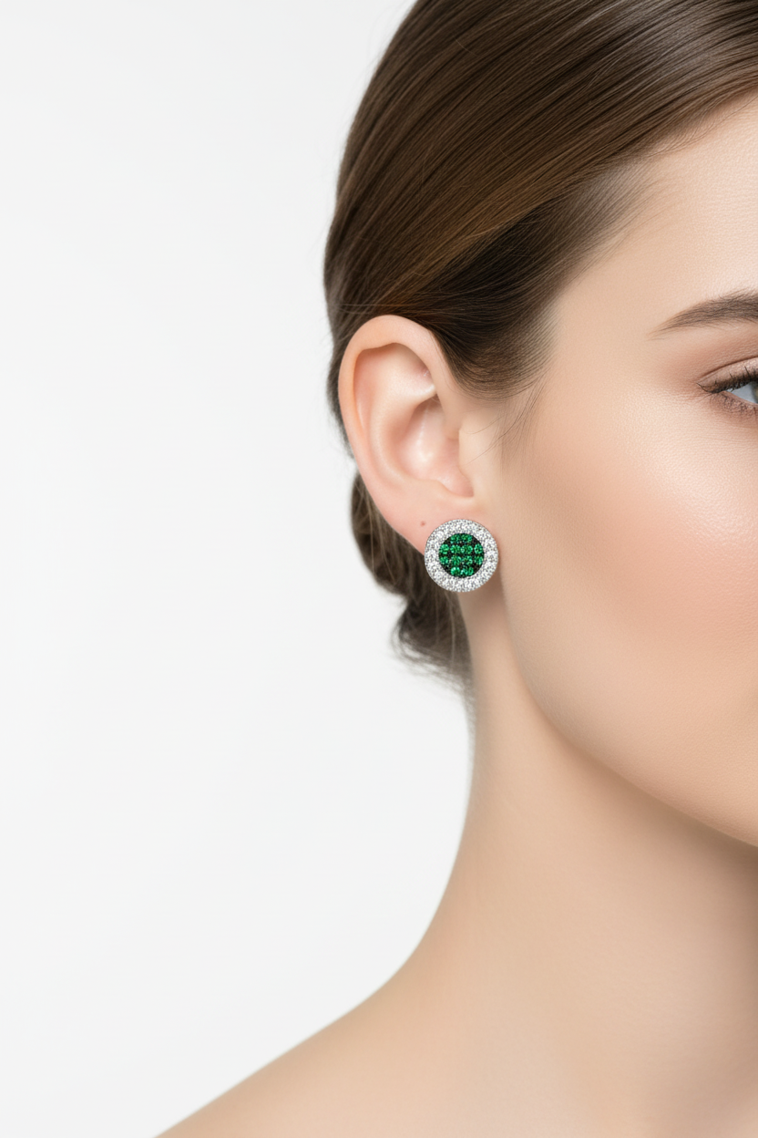Sterling Silver Rhodium-Plated Sterling Silver Clear and Green CZ Halo Stud Earrings