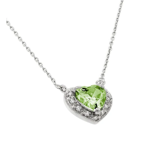 Silver Rhodium Plated Heart Necklace with Green CZ
