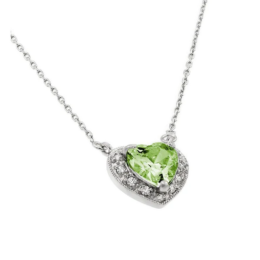 Silver Rhodium Plated Heart Necklace with Green CZ