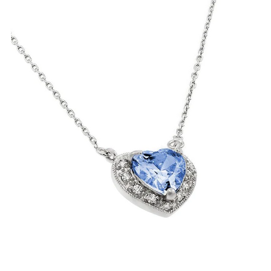 Silver Rhodium Plated Blue CZ Heart December Birthstone Necklace