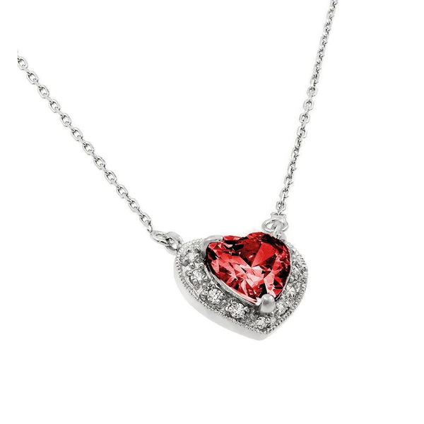 Silver Rhodium Plated Heart Pendant  with CZ Ruby.