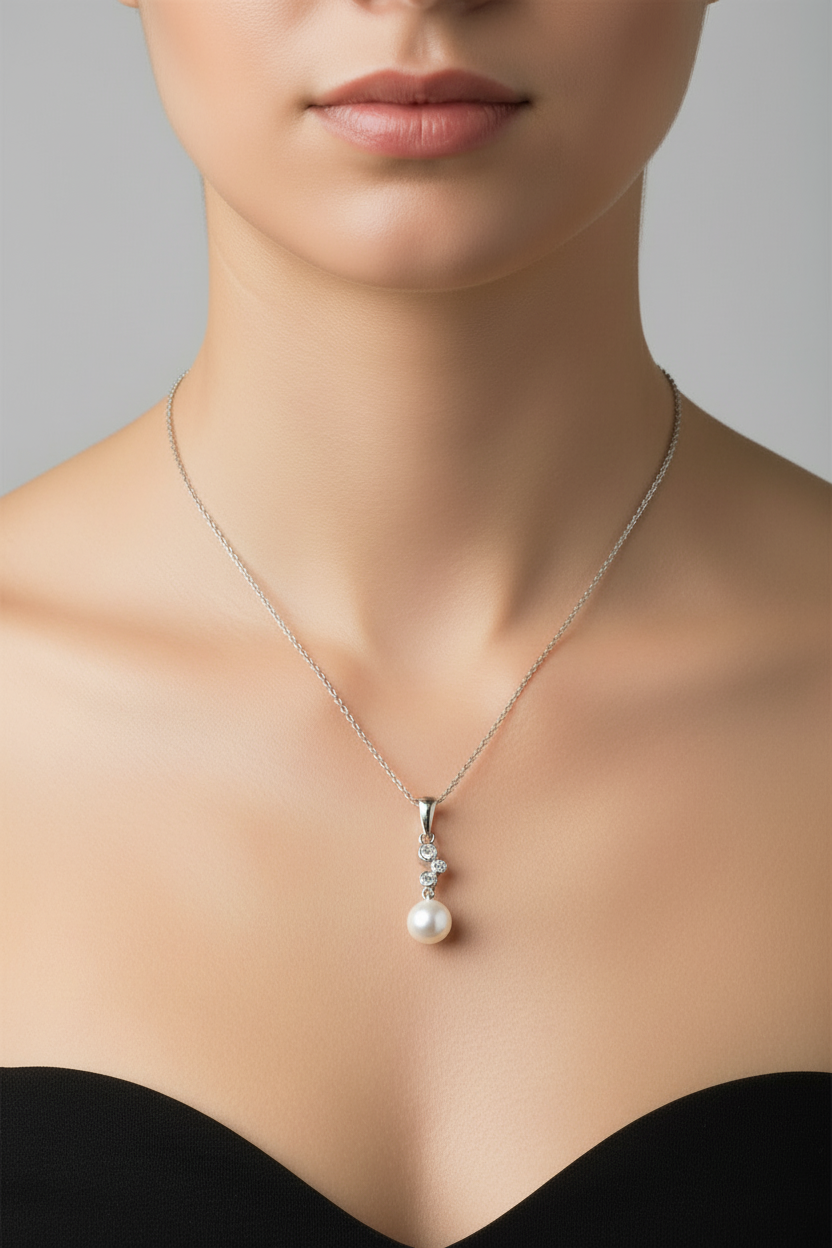 925 Sterling Silver Rhodium Plated Synthetic Pearl CZ Drop Necklace