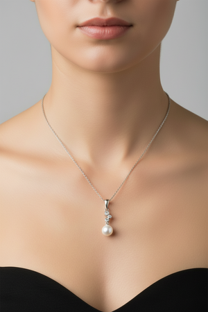 925 Sterling Silver Rhodium Plated Synthetic Pearl CZ Drop Necklace