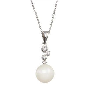 925 Sterling Silver Rhodium Plated Synthetic Pearl CZ Drop Necklace