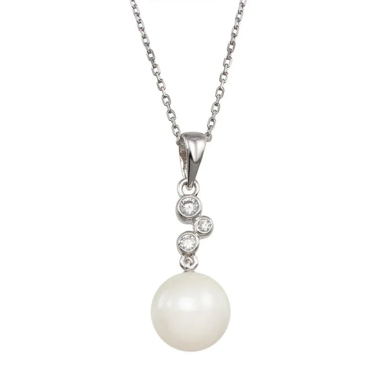 Sterling Silver Rhodium-Plated Synthetic Pearl CZ Drop Necklace