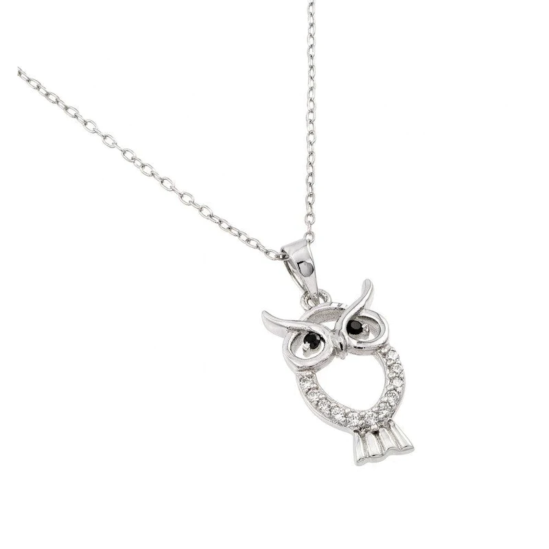 Silver Rhodium Plated Owl Pendant with CZ