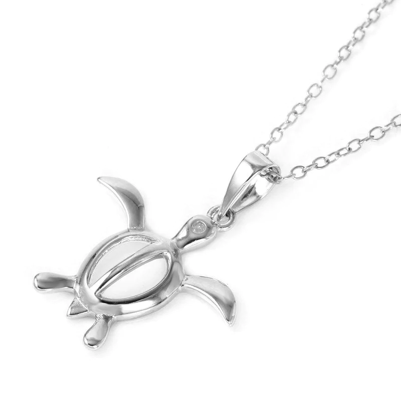 Silver  Turtle Shaped Pendant with CZ Stud Necklace