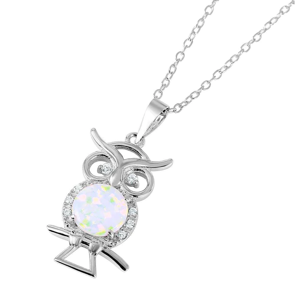 Silver Nickel Free Rhodium Plated Owl with Opal Center Stone Necklace - BGP01049