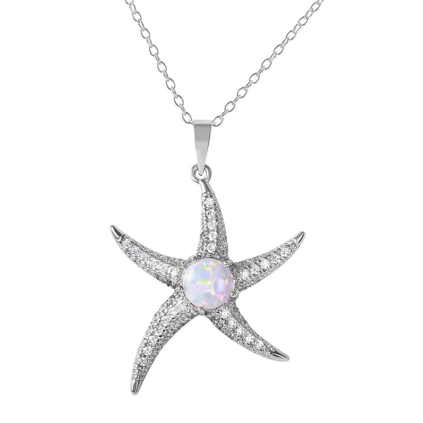Silver Rhodium Plated CZ Starfish Necklace