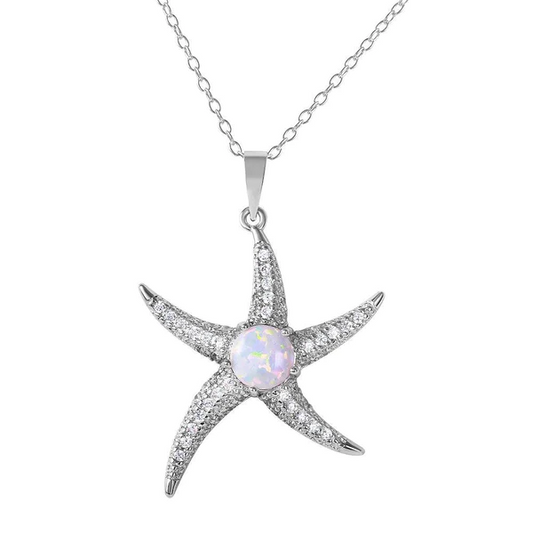 Silver Rhodium Plated CZ Starfish Necklace