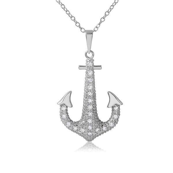 Silver Rhodium Plated CZ Anchor Necklace