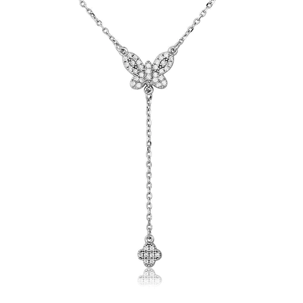 Silver Rhodium Plated CZ Butterfly with Hanging Clover Necklace