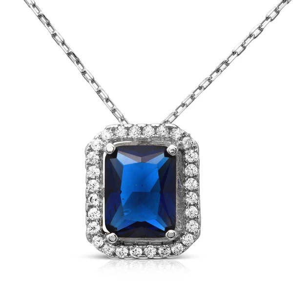 Sterling Silver Necklace with Rectangle shape Blue Cubic Zirconia