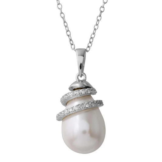 Silver Rhodium Plated Fresh Water Pearl Necklace with Wrapped CZ