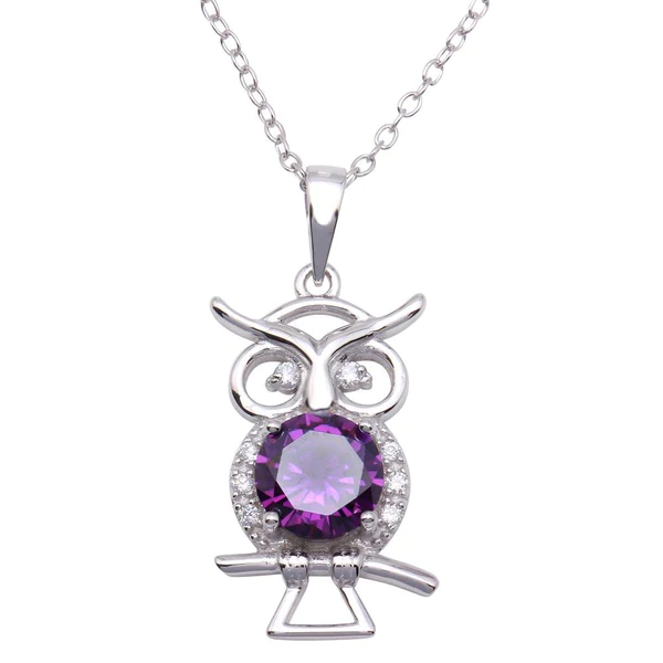 Silver Rhodium Plated Purple CZ Owl Necklace