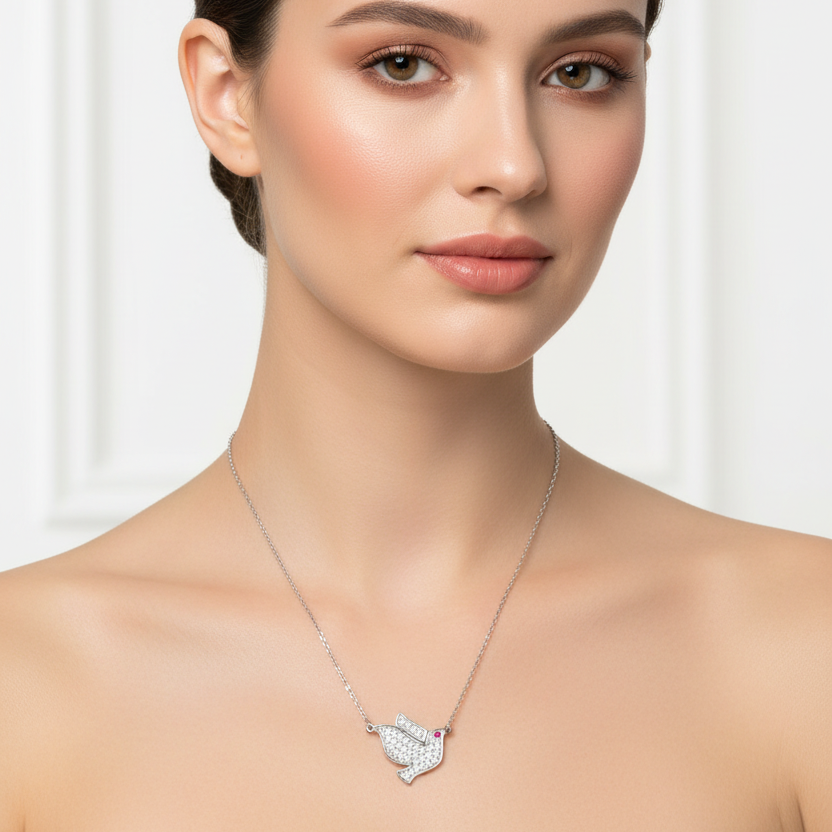 925 Sterling Silver Dove Pedant Necklace with CZ -