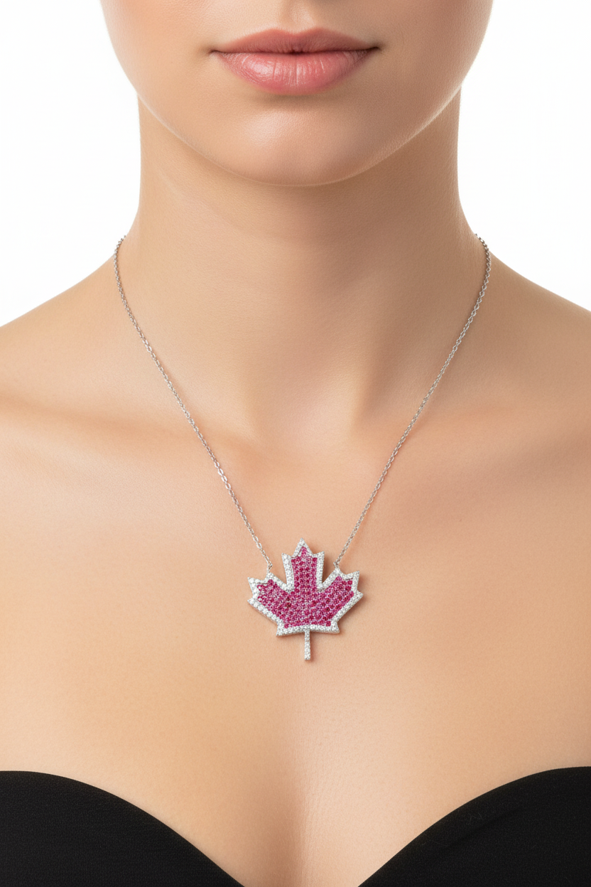 Sterling Silver Rhodium-Plated Maple Leaf Pendant Necklace with CZ