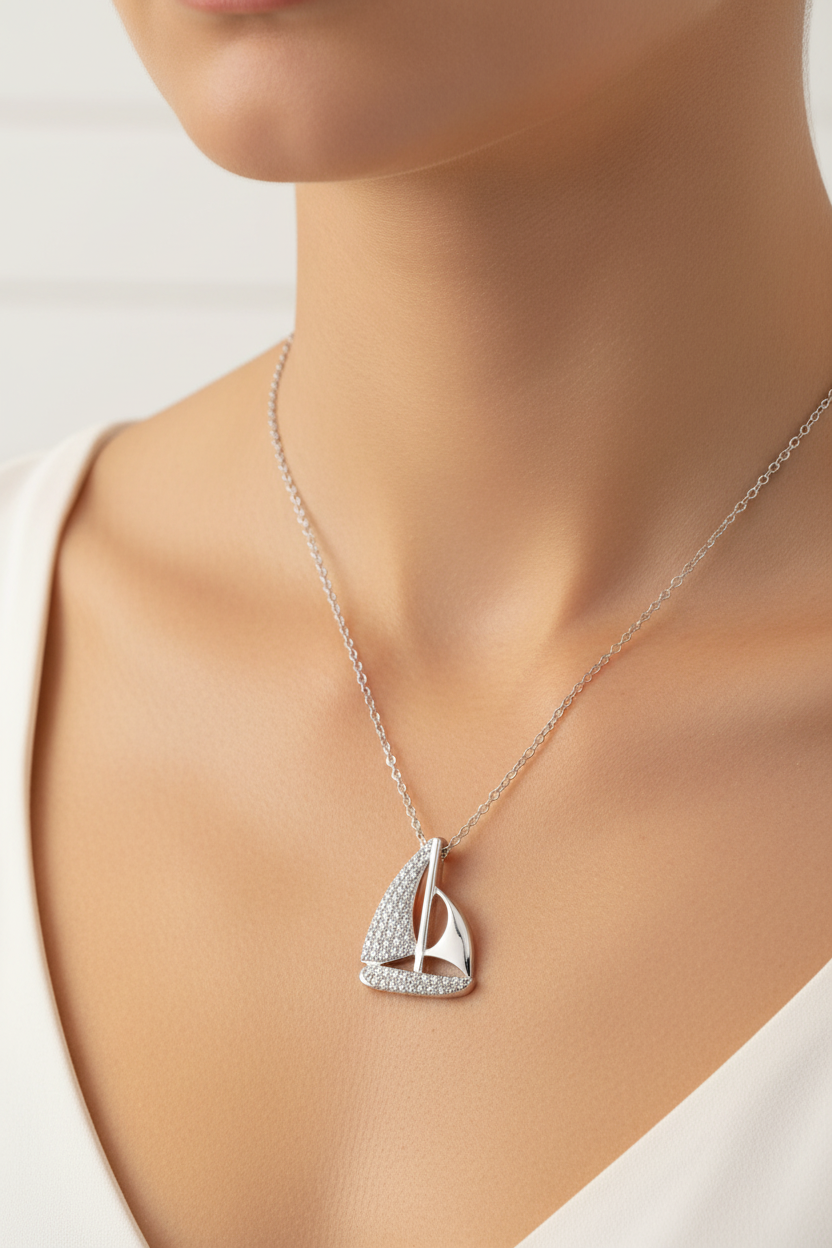Rhodium Plated 925 Sterling Silver CZ Sailboat Necklace