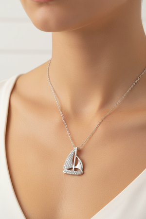 Rhodium Plated 925 Sterling Silver CZ Sailboat Necklace