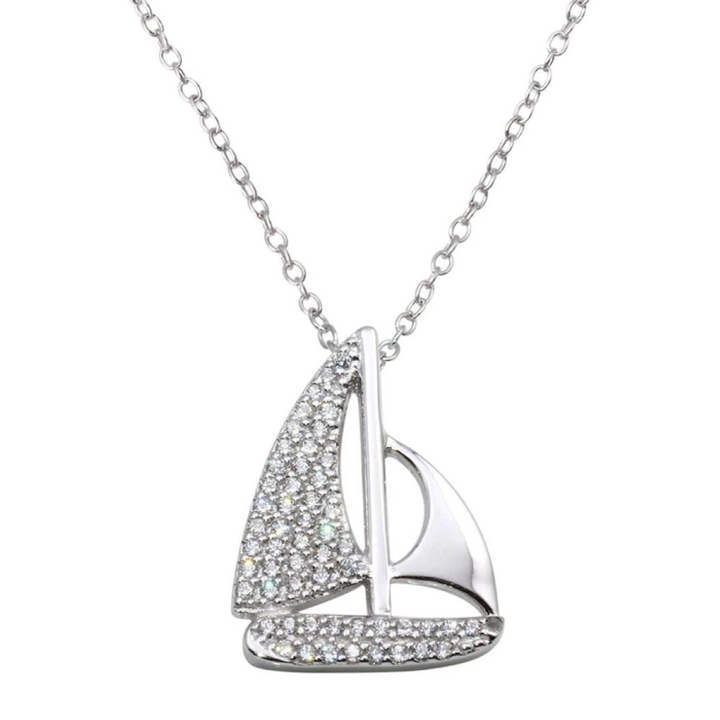 925 Sterling Silver Rhodium-Plated Sterling Silver CZ Sailboat Necklace