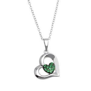 925 Sterling Silver Rhodium Plated Heart Pendant Necklace with Green CZ, 16-18inch