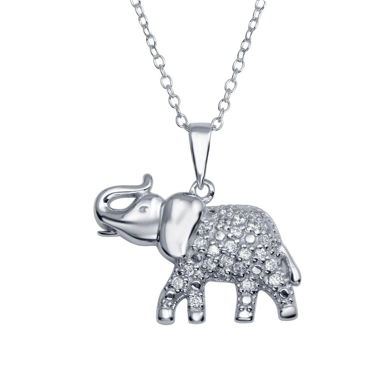 Silver Rhodium Plated Elephant Pendant Necklace with CZ