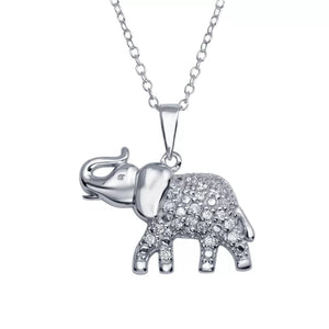Silver Rhodium Plated Clear CZ Elephant Necklace