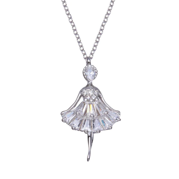 Silver Rhodium Plated Ballerina Baguette CZ Necklace