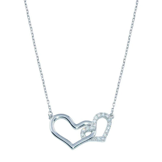 Rhodium Plated 925 Sterling Silver Double CZ Heart Necklace