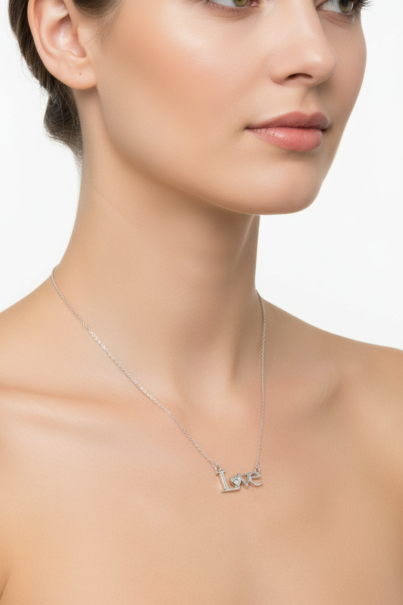 925 Sterling Silver Rhodium Plated  CZ LOVE Necklace