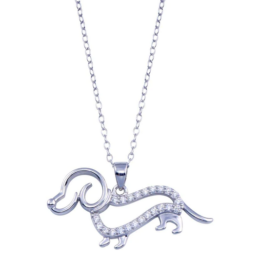 Silver Rhodium Plated Clear CZ Outline Dog Necklace