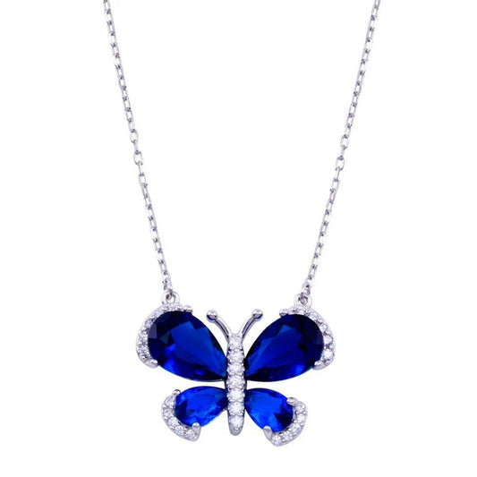 Rhodium Plated 925 Sterling Silver Butterfly Clear and Blue CZ Necklace