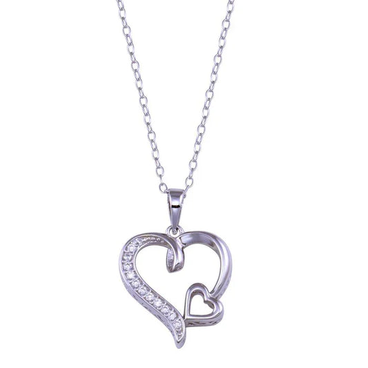 Rhodium Plated 925 Sterling Silver Double Heart CZ Necklace