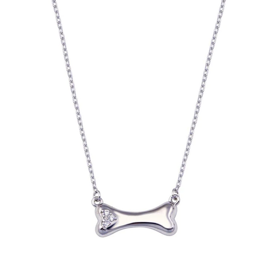 Silver Rhodium Plated Dog Bone CZ Necklace