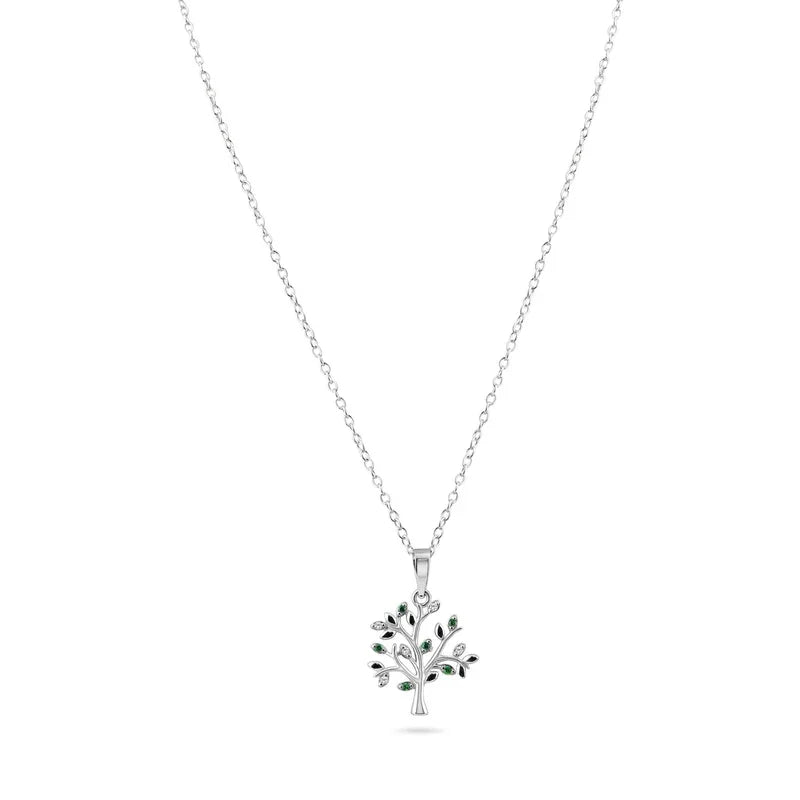 925 Sterling Silver Rhodium Plated   Green and Clear Tree Pendant Necklace