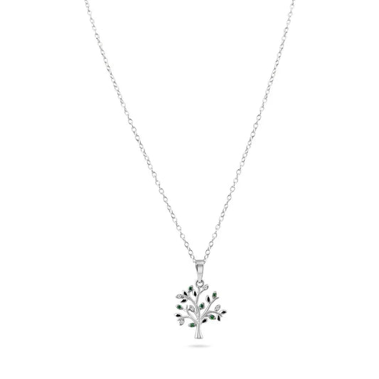 925 Sterling Silver Rhodium Plated   Green and Clear Tree Pendant Necklace