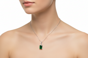 925 Sterling Silver Rhodium Plated Green Rectangle CZ Pendant Necklace