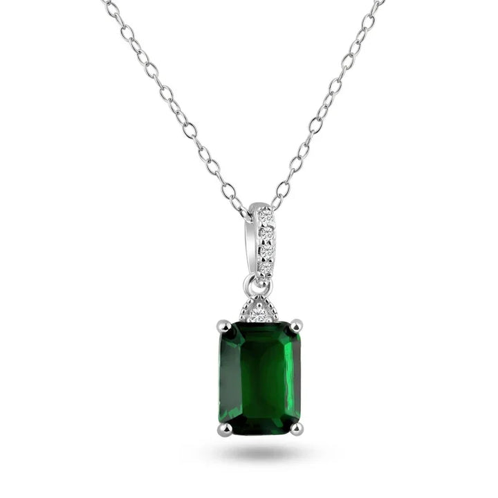 Sterling Silver Rhodium-Plated Green Rectangle CZ Pendant Necklace